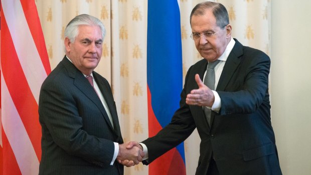 US Secretary of State Rex Tillerson and Russian Foreign Minister Sergey Lavrov, shake hands prior to their talks in Moscow.