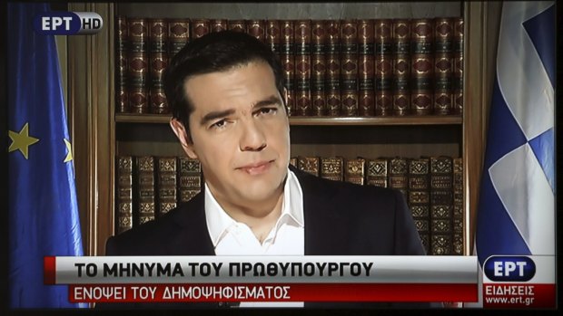 Greek Prime Minister Alexis Tsipras appears on TV to urge his country to reject Europe's "blackmail" and the "sirens of scaremongering".
