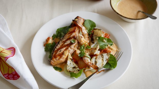 Barbecued seafood with cucumber and kimchi salad.