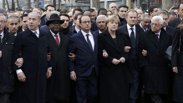 Heads of state from around the world take part in a solidarity march in Paris.   