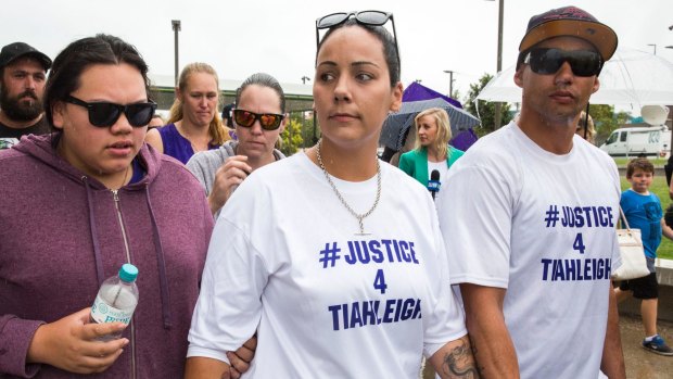 Tiahleigh's biological mother Cindy with other supporters outside the packed Beenleigh Magistrates Court on Wednesday.