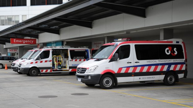 Ambulances outside the Emergency entrance at the Austin Hospital. 

