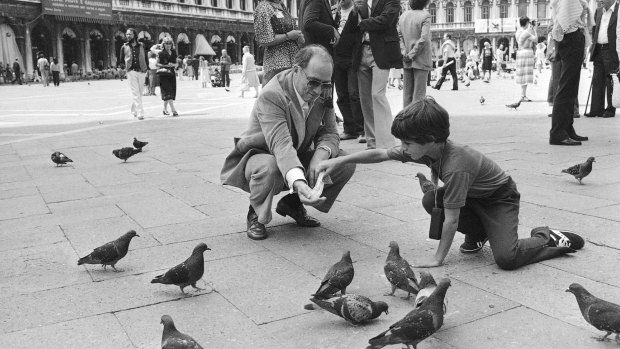 Former Canadian Prime Minister Pierre Trudeau with his eight-year-old son Justin in Venice in 1980.