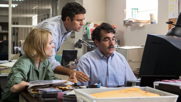 Rachel McAdams as Sacha Pfeiffer, Mark Ruffalo as Michael Rezendes and Brian d'Arcy James as Matt Carroll, in a scene from the film, Spotlight.