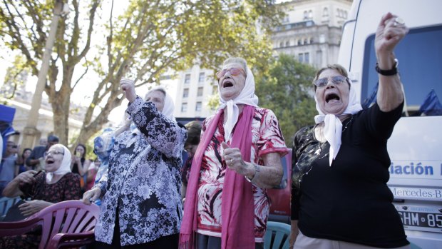 The Mothers of Plaza de Mayo human rights group at their traditional Thursday march around the obelisk at Plaza de Mayo in Buenos Aires this month. The group began marching there in 1977.