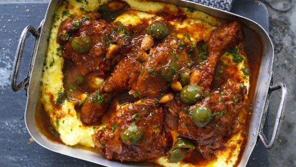 Neil Perry's braised chicken marylands (separated into thighs and drumsticks) with olives and almonds 