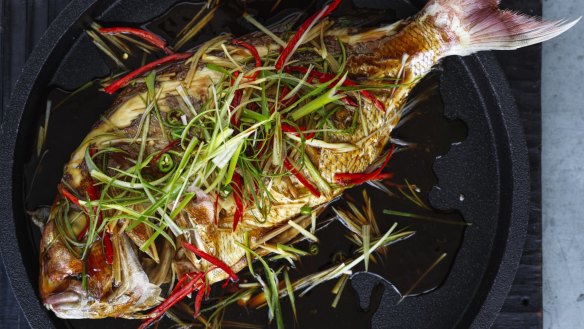 Steamed whole baby snapper in soy and oyster sauce