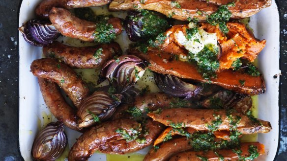 One-tray wonder: Baked sweet potato and sausages.