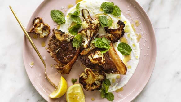 Lamb loin chops with deep-fried or roasted cauliflower, and garlic and lemon yoghurt.