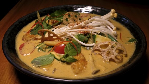 Vegan-friendly laksa with bunya nut, lotus root and enoki. 