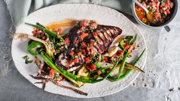 Blue Ducks' barbecued squid with blackened capsicum salsa.