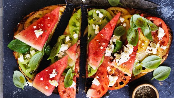 Summer snack: Watermelon and tomato bruschetta.