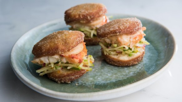 Sweet and savoury: mini doughnuts filled with rock lobster, tom yum mayonnaise and sweetcorn and lemongrass salt. 