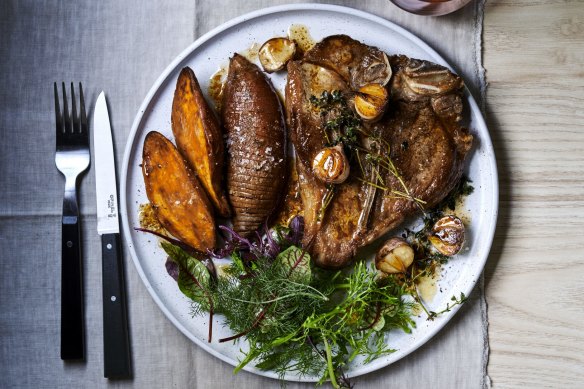 Shake up your steak: Garlic and herb steak with salt and vinegar Hassleback sweet potatoes. 