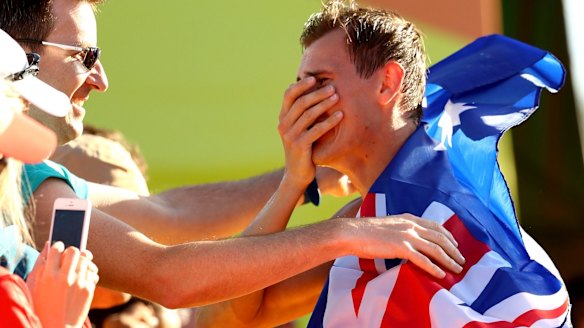 Teary: Dane Bird-Smith after his bronze medal in the 20km walk.