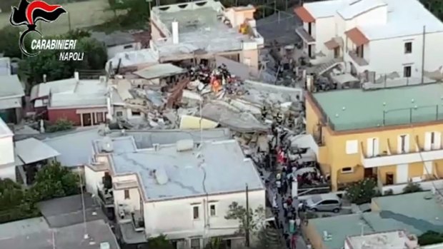 A collapsed building is seen in this aerial view of Casamicciola.