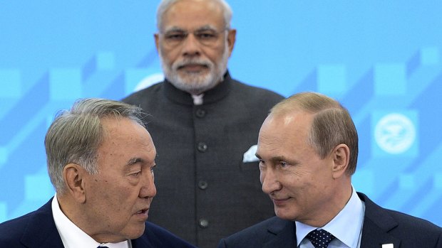 From left: Kazakhstan President Nursultan Nazarbayev, Indian Prime Minister Narendra Modi and Russian President Vladimir Putin before the security summit on Friday.