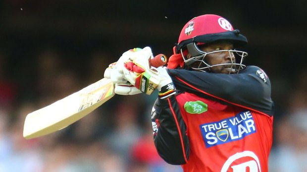 Slow start: Chris Gayle took 12 balls to hit a boundary but ended up with a healthy 46 from 33 deliveries. 