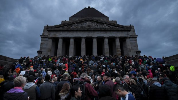 Thousands of people gather at the Shrine of Remembrance for the dawn service on the ANZAC DAy. 25 April 2017. The Age News. Photo: Eddie Jim.