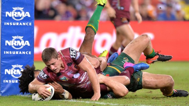 Mr 200: Andrew McCullough dives over for a try as he reached a double century of NRL matches.