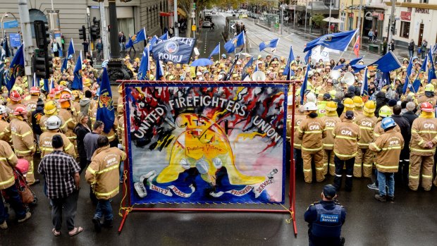 The United Firefighters Union rally at Parliament House on Tuesday.