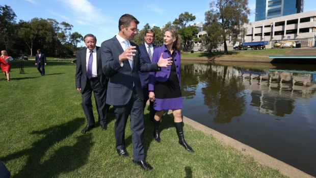 NSW Premier Mike Baird and MAAS director Dolla Merrillees opposite the proposed new site of the Powerhouse Museum in Parramatta.