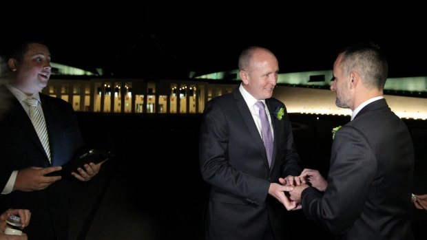 Stephen Dawson and Dennis Liddelow married shortly after midnight, in front of Parliament House on December 7 2013.