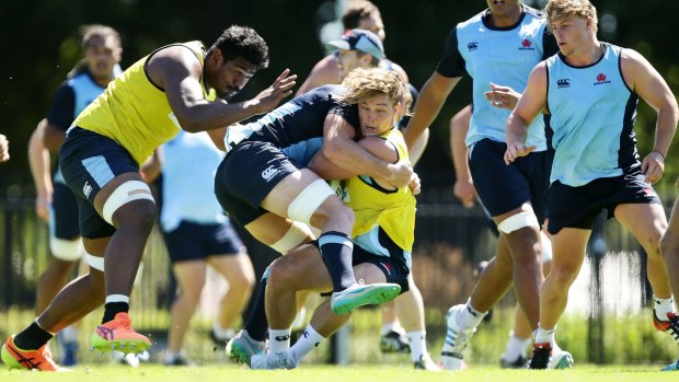Crunch time: Michael Hooper is tackled during a Waratahs training session at Kippax Lake.