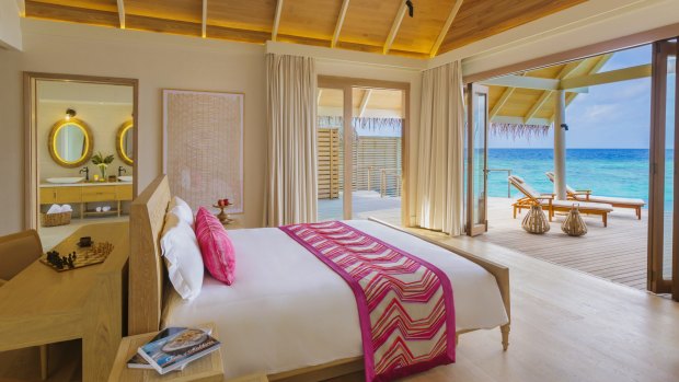 The bungalow is a generous 245 square metres, with a large walk-in robe, bathroom with a two-person bath overlooking the deck to the water, and king-sized bed. 