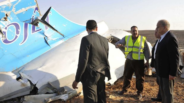 Egypt Prime Minister Sherif Ismail at the the crash site on Friday. A total of 224 people died when the Russian charter flight crashed 25 minutes after taking off from resort town Sharm el Sheikh.