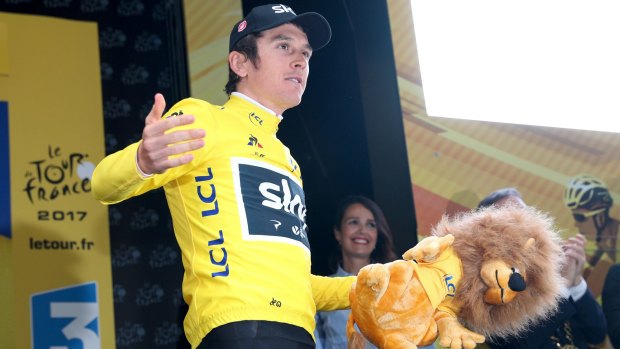 Lion's share: Welshman Geraint Thomas of Team Sky earns the yellow jersey and a promotional lion – a reminder of rugby elsewhere.