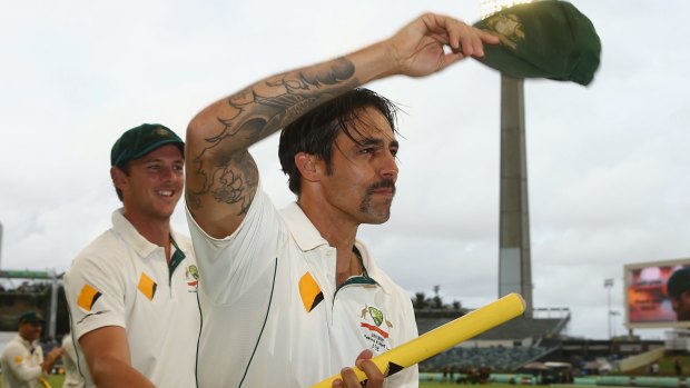 Mitchell Johnson waves to the crowd after the second Test ended in a draw.