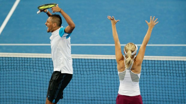 Pure joy ... Nick Krygios and Daria Gavrilova of Australia Green celebrate after defeating Carline Garcia and Kenny De Schepper of France in the mixed doubles match get get through to the Hopman Cup at Perth Arena.