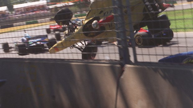 Drama: An image from the Brundle crash in 1996.