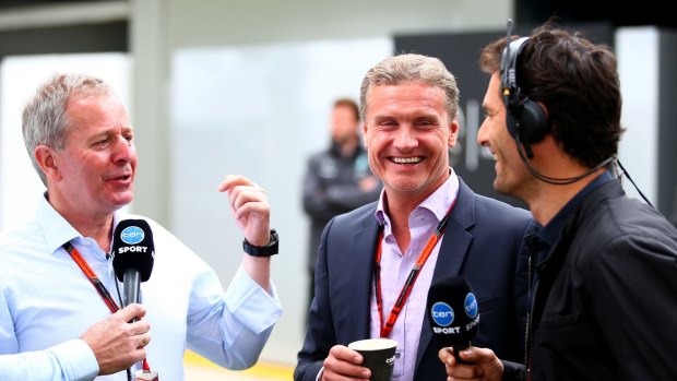 Former F1 drivers (L-R) Martin Brundle, David Coulthard and Mark Webber speak before the Australian Grand Prix last year.