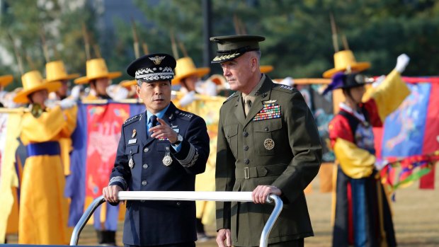 Chairman of the US Joint Chiefs of Staff, General Joseph Dunford, right, and Chairman of the South Korean Joint Chiefs of Staff General Jeong Kyeong-doo in Seoul earlier this month for their Military Committee Meeting.