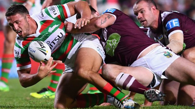 Back in business: Sam Burgess made life difficult for Manly on his return from injury.