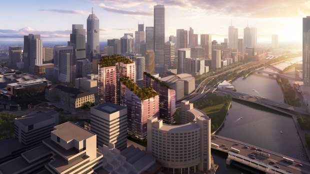 An artist's impression of the plan for the old trade and convention centre site on Flinders Street. 