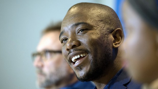 Leader of the official opposition Democratic Alliance Mmusi Maimane talks to the press at the election results center in Pretoria, South Africa.