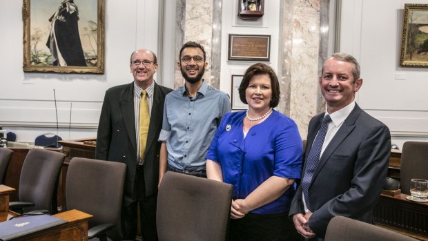 The class of 2016: Brisbane City Council's newest councillors Charles Strunk (Labor), Jonathan Sri (Greens), Kate Richards and Adam Allan (both LNP).
