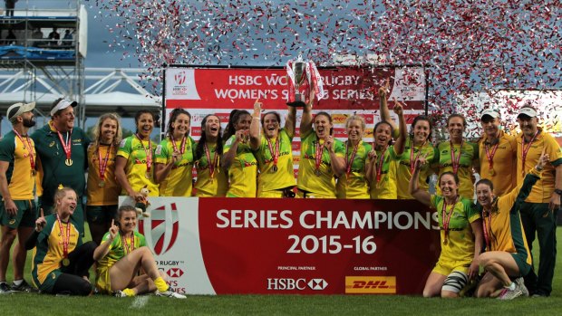 Champions: The Australian womens sevens team celebrate.