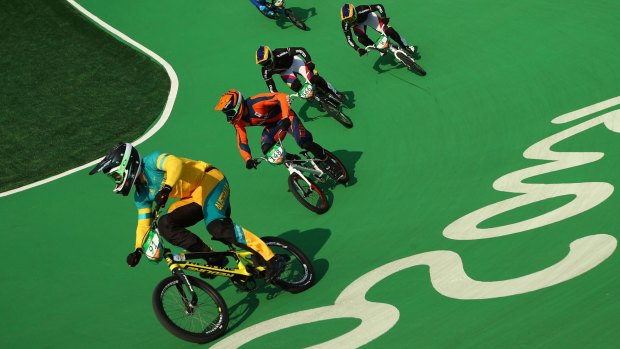 Sam Willoughby leads in a BMX event in Rio.