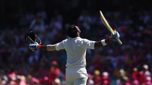 KL Rahul celebrates his maiden Test ton.
