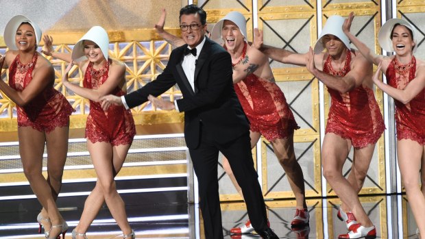 In a night dominated by Trump gags, Stephen Colbert opened the show with a skewering monologue that included the quip that unlike the presidency the Emmys are won by popular vote.