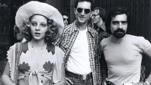 Jodie Foster, Robert De Niro and Martin Scorsese on the set of <i>Taxi Driver</i>, 1976. 