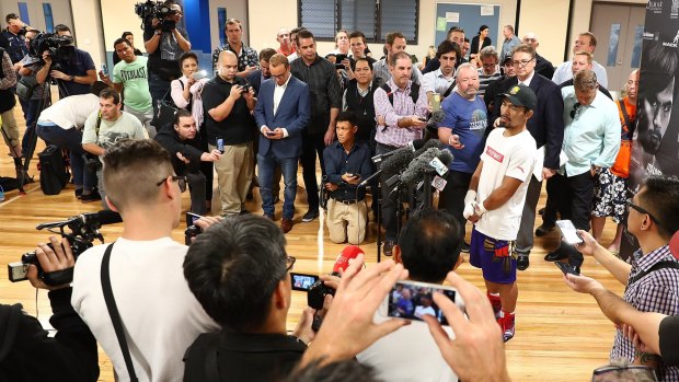 Eye of the hurricane: Pacquiao speaks to the media earlier this week.