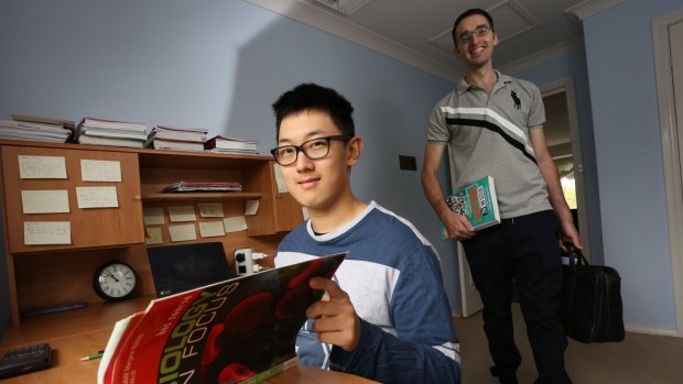 Tutor Paul Leone (right) with Year 12 biology student Benjamin Huang, both of Castle Hill, were connected by the peer-to-peer platform Scooter Tutor.