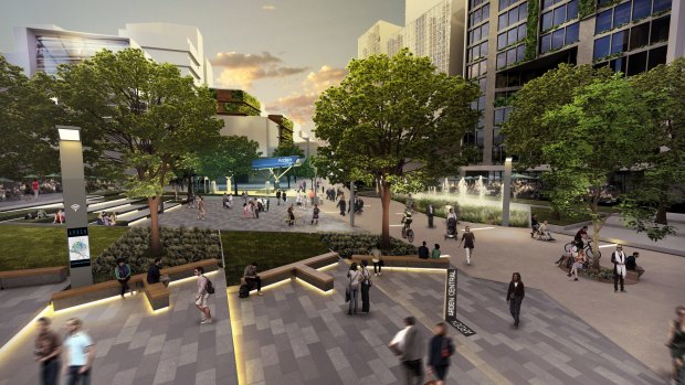 An artist's impressions of what the new "Arden" precinct in North Melbourne will look like once the Metro Tunnel project is complete. 