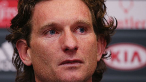 Bombers coach James Hird sheds a tear following the announcement of his resignation.