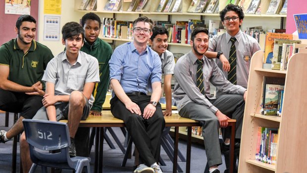 Granville Boys High English teacher, Owen Egan with students taking part in WestWords.